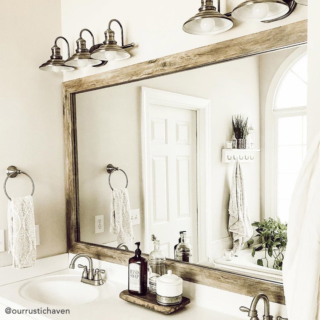 @ourrustichaven Cherokee Barnwood Mirror Frame in Bathroom